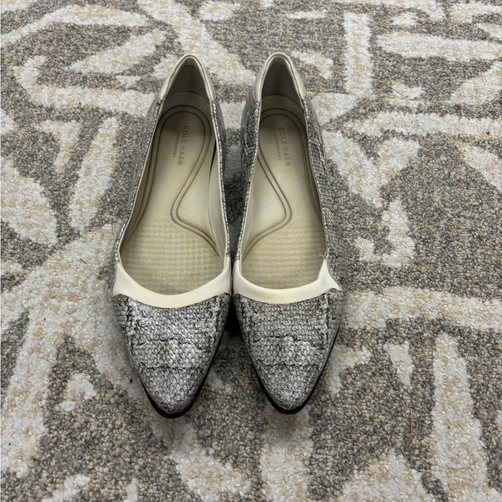 Cole Haan silver and white flat leather ballet flats with a touch of glamour